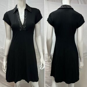 Cache Vintage Women's 8 Black Collared Stretchy Studded Short Sleeve Shirt Dress